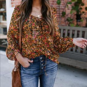 SAGRADA FLORAL LACE UP RUFFLE BLOUSE
